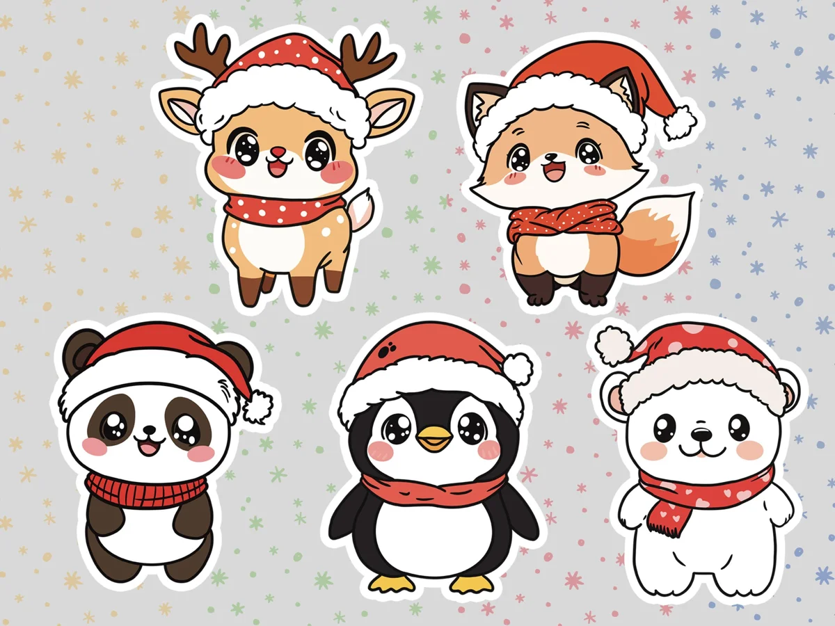 Cute Animals Christmas Stickers - Matte Vinyl Holiday