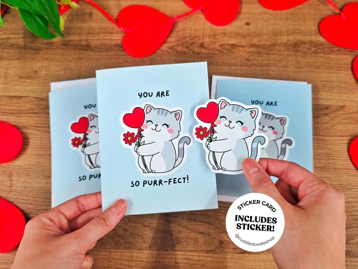 You're so Purr-fect Cat Card with Sticker, Pun Greeting Card