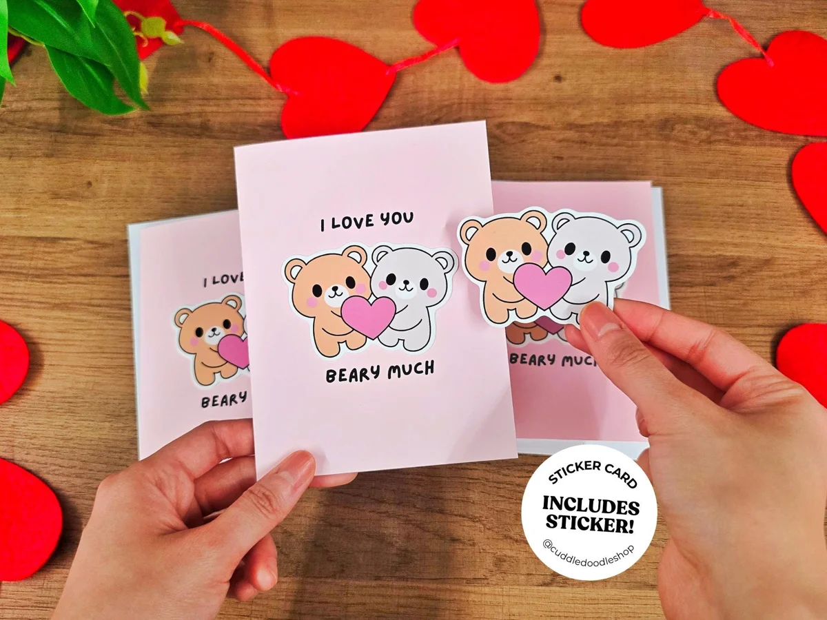 I Love You Beary Much Card,  Handmade Valentine’s Day Sticker