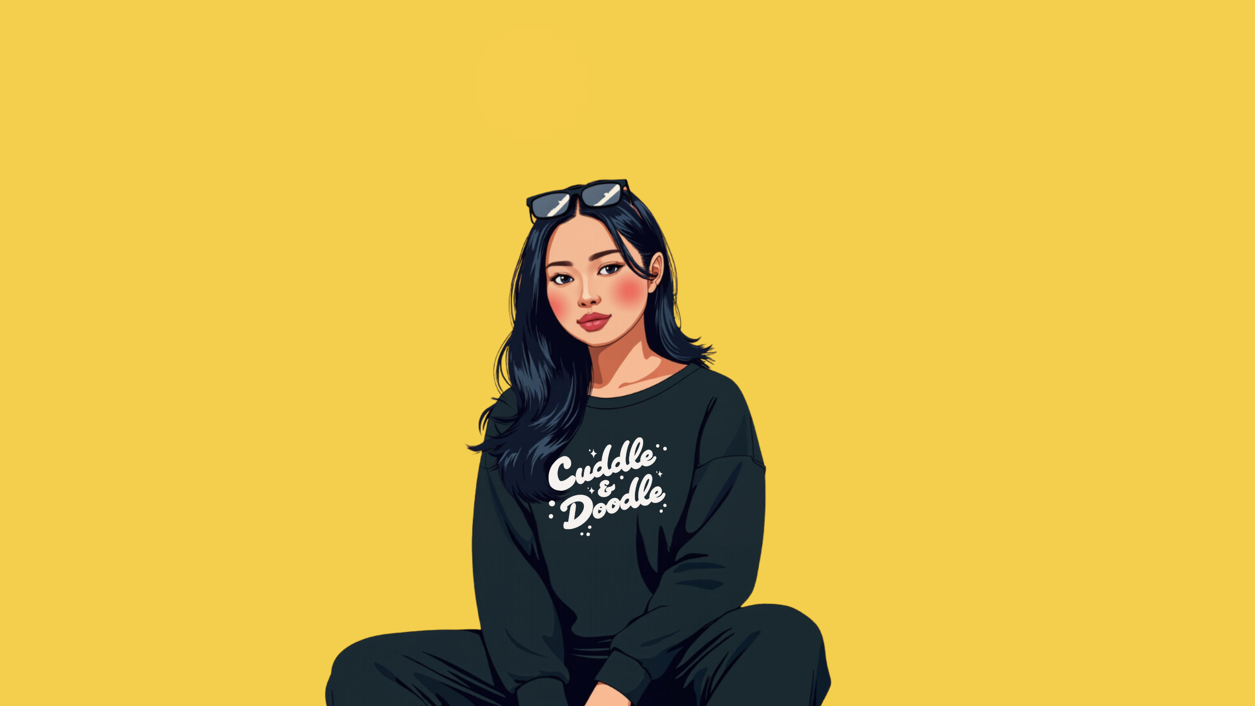 Illustrated Chriselle wearing a Cuddle and Doodle sweatshirt